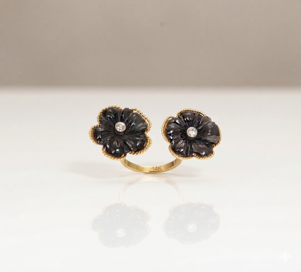 Carved Obsidian Flower Ring