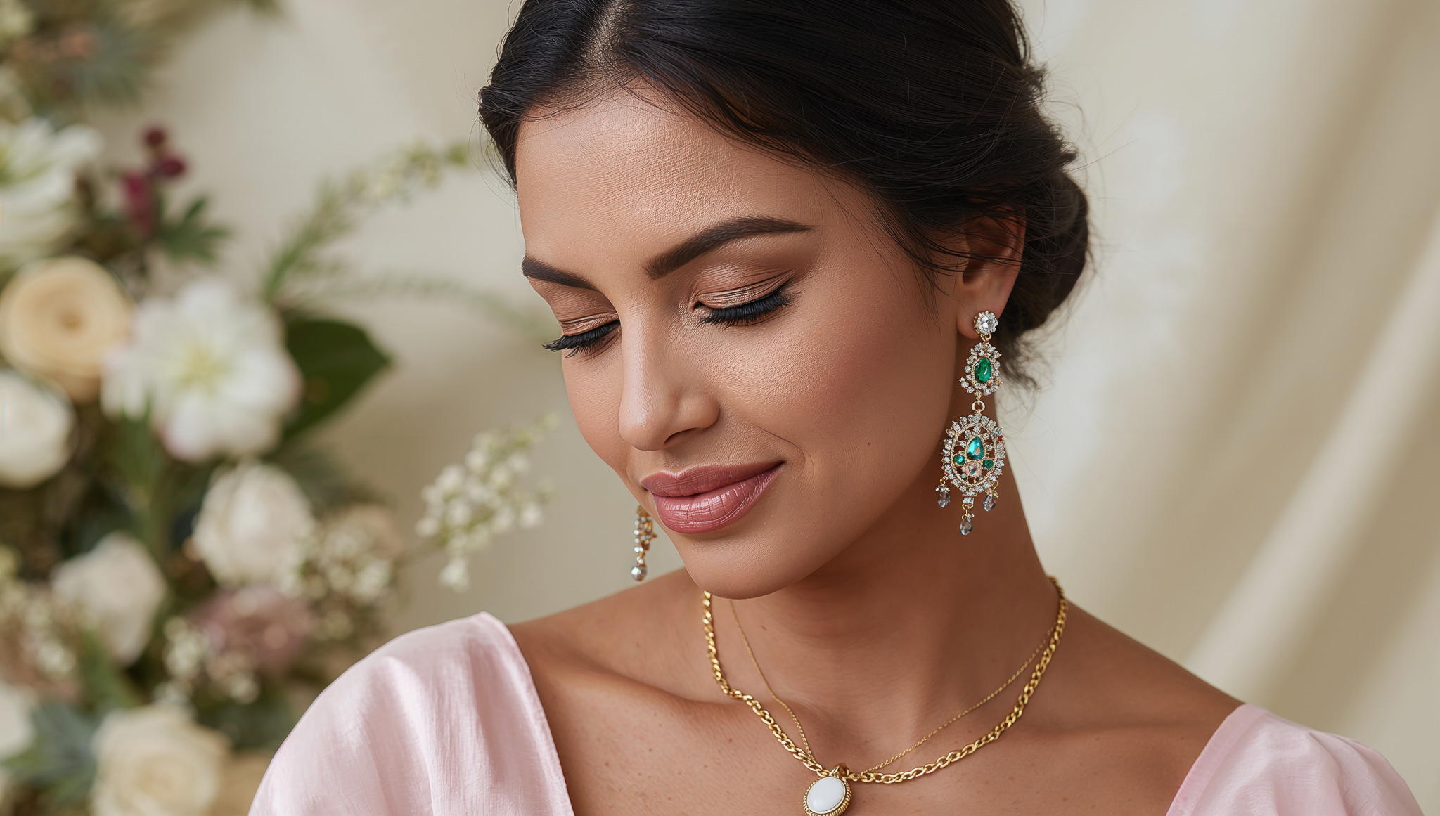 Close-up of a woman wearing stone-embroidered earrings and a gold necklace, showcasing elegant jewelry against a floral background with soft lighting.