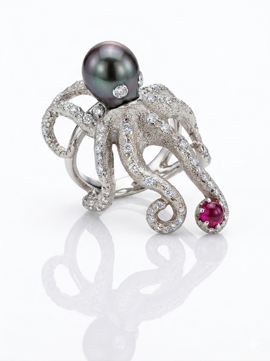 Baroque Tahitian Pearl Octopus Ring with Ruby & Diamond