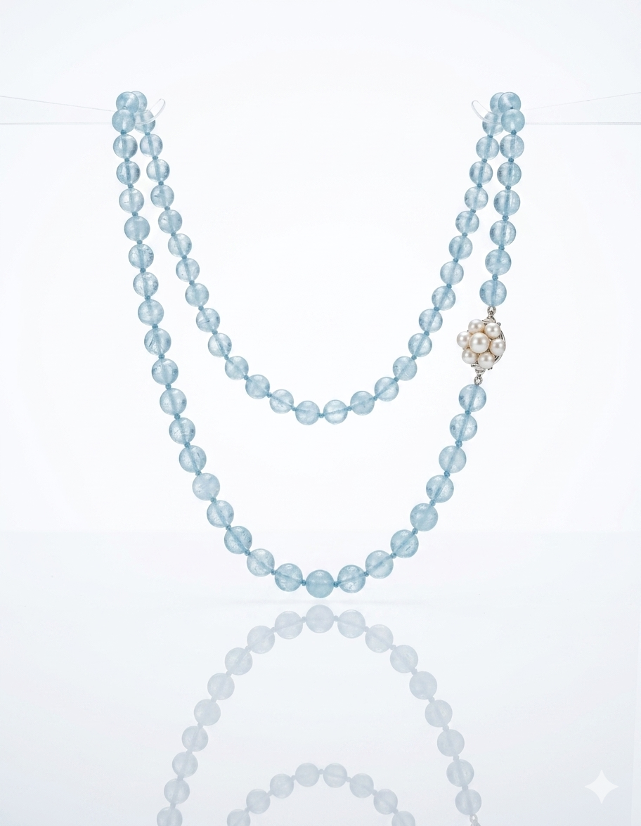 Aquamarine Bead Necklace with 14K White Gold Pearl Clasp