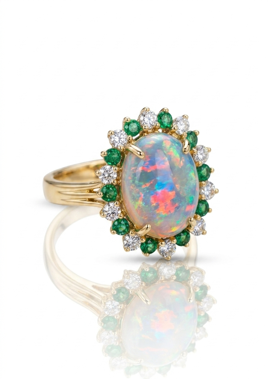 18K Opal Ring with Emerald & Diamond Accents