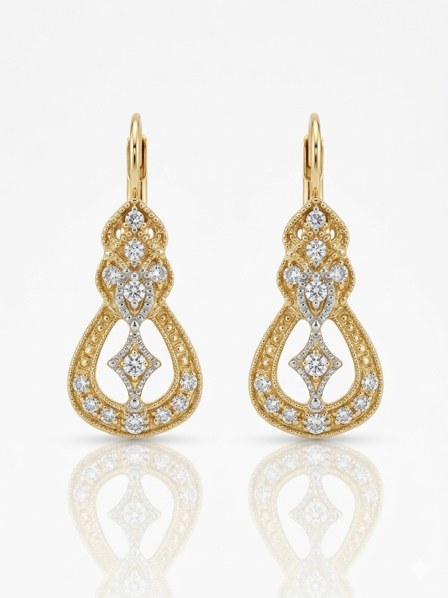 14K Yellow Gold Filigree Earrings with Diamonds, .56TW