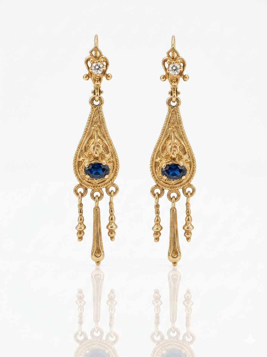 14K Yellow Gold Etruscan Style Sapphire & Diamond Earrings