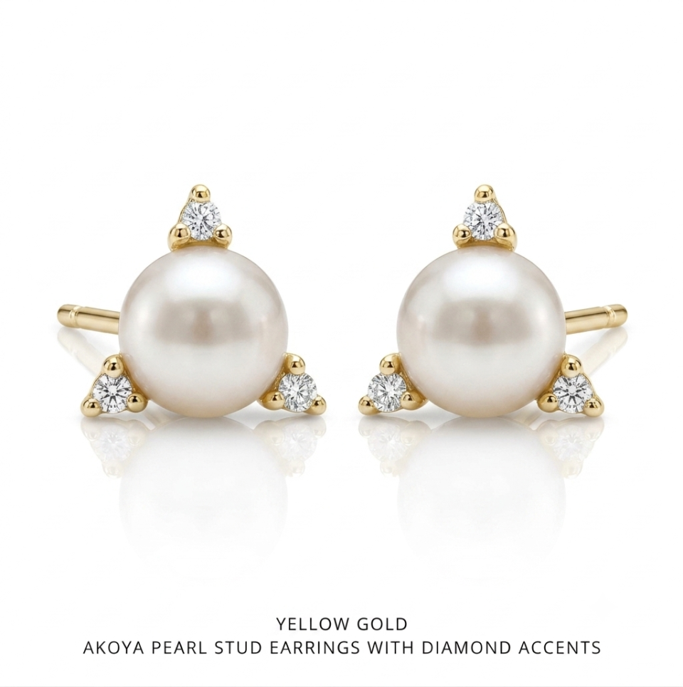 14K Akoya Pearl Stud Earrings with Diamond Accents