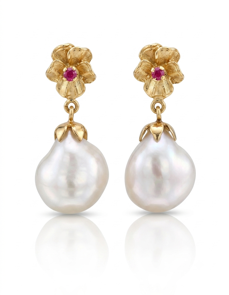 14K Baroque South Sea Pearl Drop Earrings with Ruby Accents