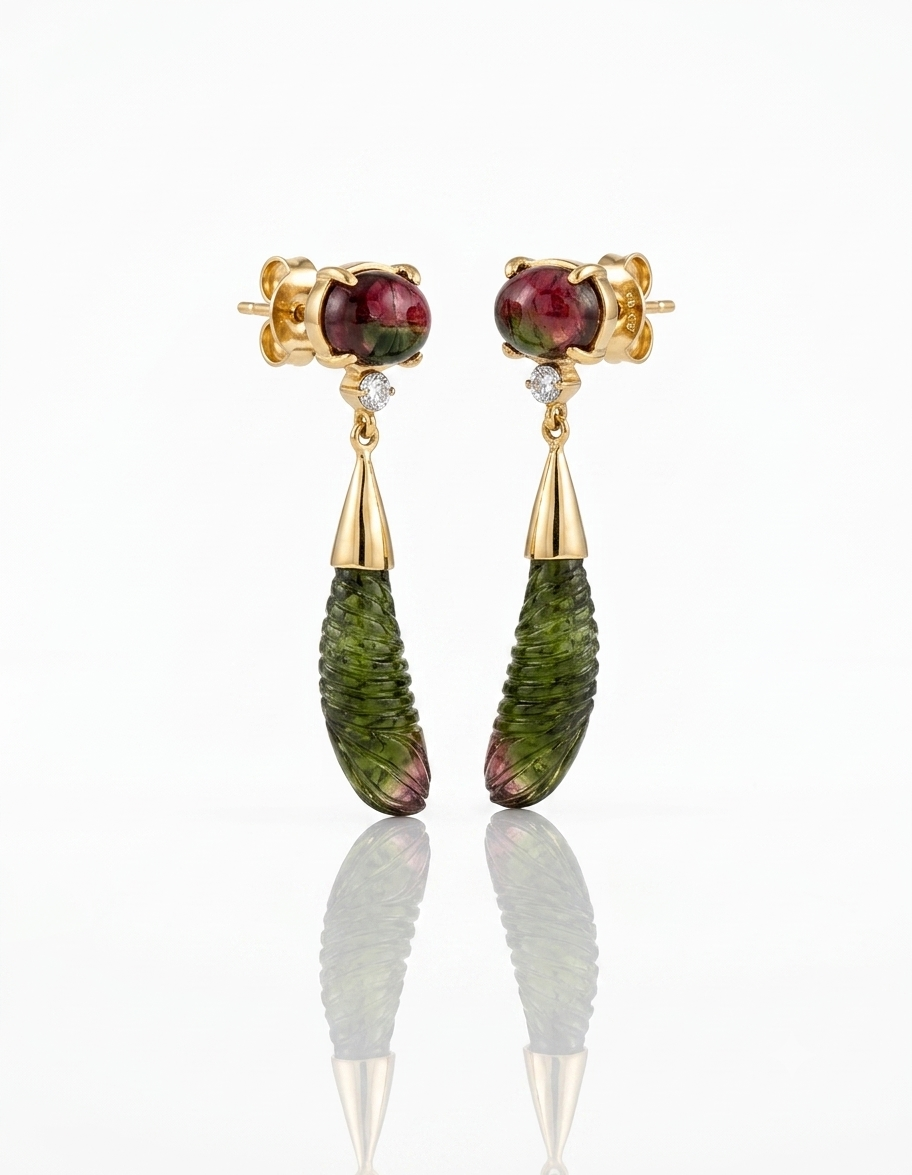 Carved Watermelon Tourmaline & Diamond Earrings in 14K Yellow Gold