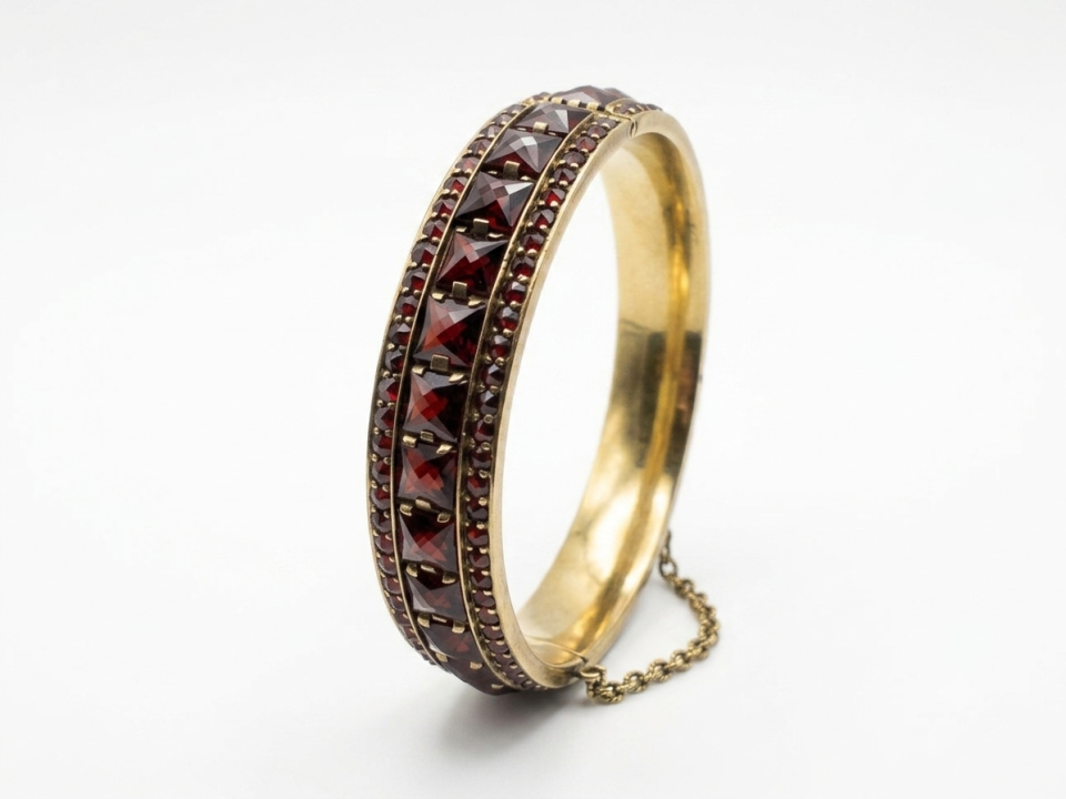Antique Checkerboard Cut Bohemian Garnet Bangle, 18K Vermeil over Sterling Silver