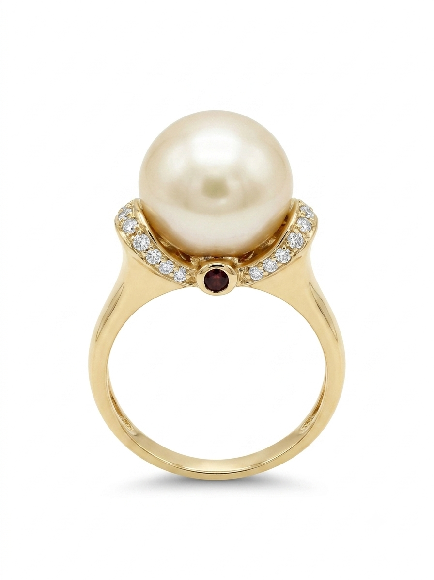 Estate Golden South Sea Pearl Ring with Diamonds & Rubies
